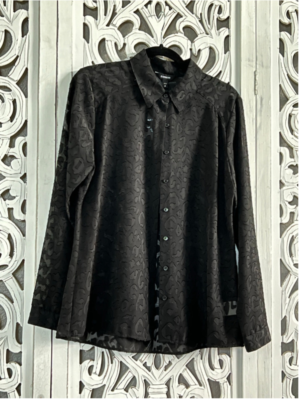 Women's Express Black Button Down Shirt, Size M, Sheer Textured Leopard Print